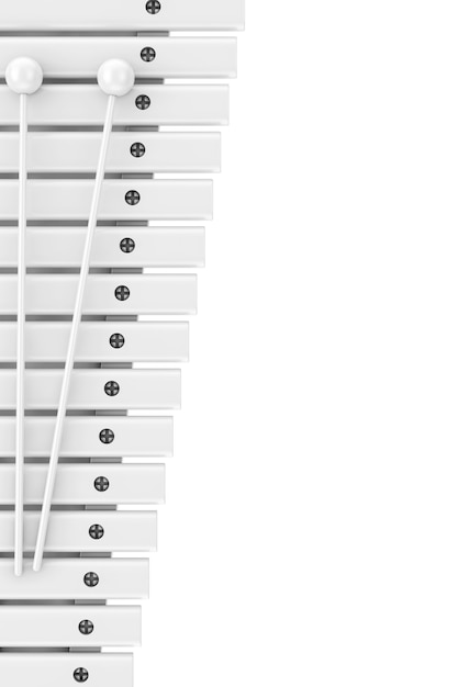 Xylophone en bois blanc avec maquette de maillets en style argile sur fond blanc. Rendu 3D