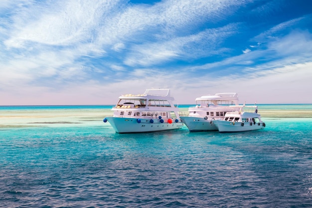 Yacht de croisière de luxe dans l'eau claire près d'un récif de corail Mer Rouge Egypte