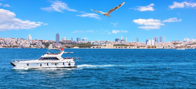 Yacht dans le Bosphore et Besiktas vue Istanbul