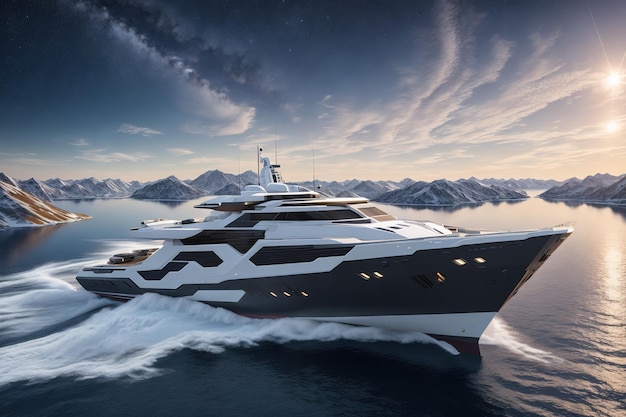 Un yacht dans l'eau avec des montagnes en arrière-plan.