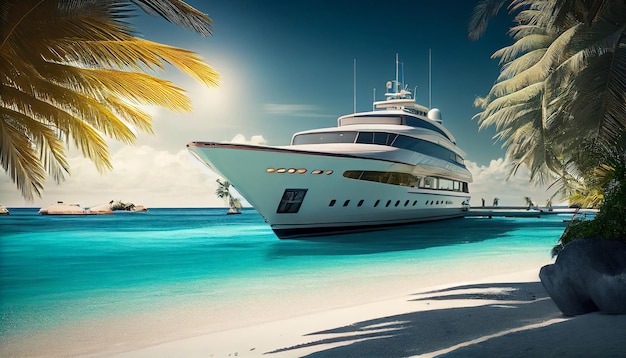Yacht de luxe amarré sur une plage paradisiaque aux eaux turquoises et palmiers Generate Ai