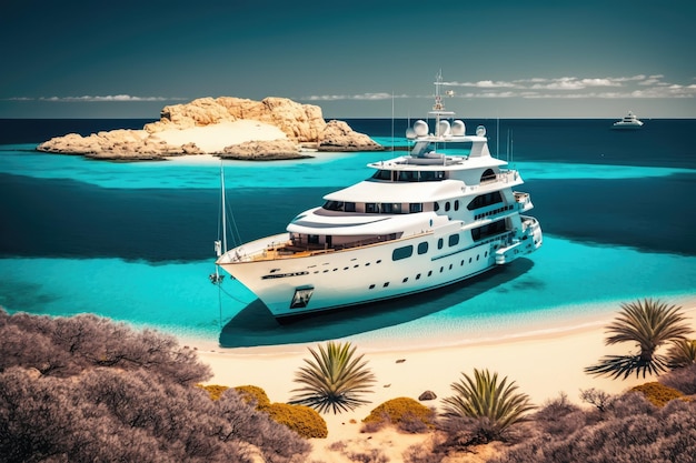 Yacht de luxe ancré près d'une plage tropicale aux eaux cristallines et au sable blanc