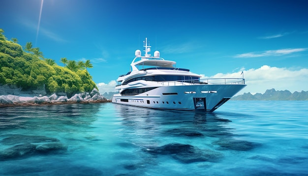Yacht de luxe dans l'océan avec une petite île en arrière-plan La photographie commerciale pour l'été un