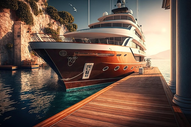 Yacht de luxe dans un port paisible avec terrasse en bois et ciel ensoleillé