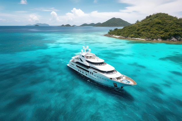 Yacht de luxe naviguant dans les eaux turquoises avec des îles tropicales en vue