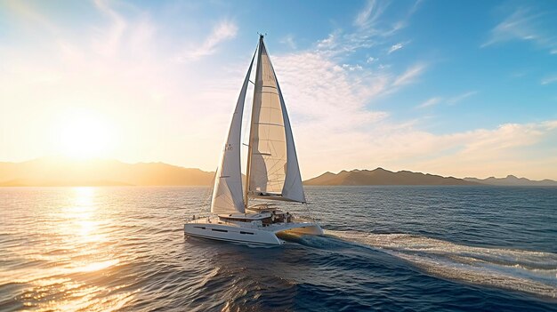 Yacht de luxe naviguant sur des eaux calmes au coucher du soleil avec un beau ciel