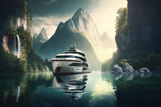 Yacht de luxe naviguant sur un lac pittoresque entouré d'une végétation luxuriante et de montagnes en arrière-plan