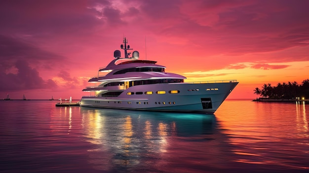 Yacht de luxe soirée néon coucher de soleil rétro-éclairage génération AI