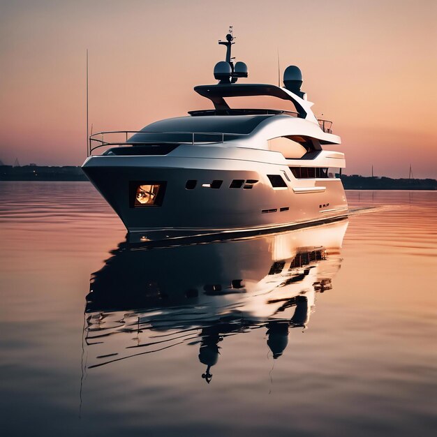 Photo yacht majestueux avec des lignes élégantes capturées dans une lumière de coucher de soleil sereine avec une profondeur de champ peu profonde