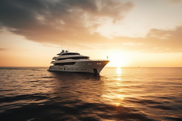 Yacht à moteur de luxe en mer au coucher du soleil gros bateau coûteux se déplace dans l'IA générative de l'océan