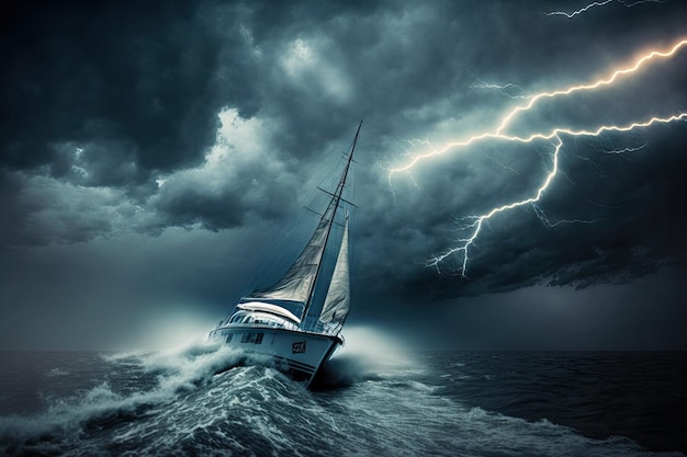 Yacht naviguant dans une tempête avec des éclairs et du tonnerre