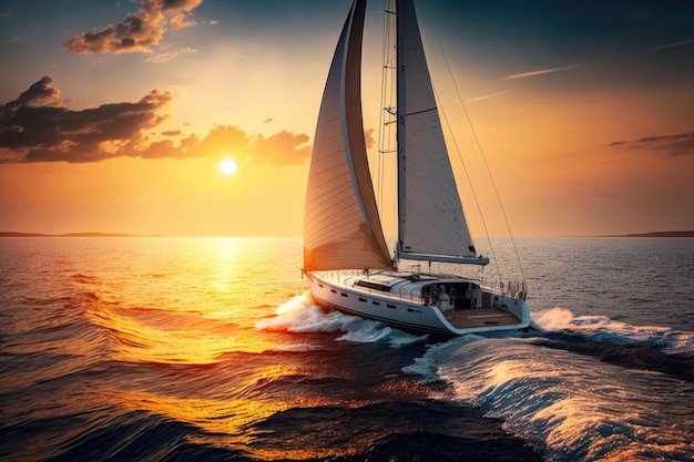 Yacht naviguant vers le coucher du soleil AI Generation