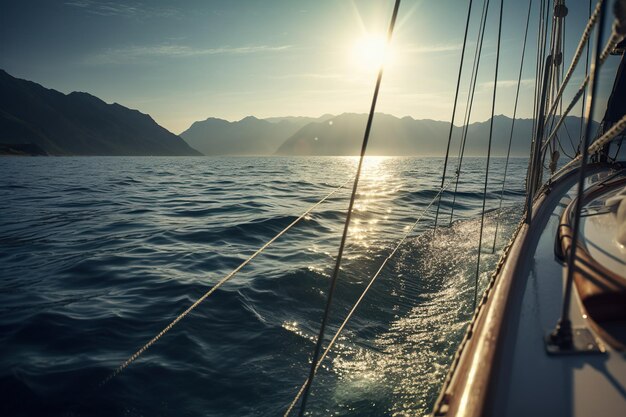 Yacht rapide se déplaçant par les vagues de l'océan à la vue de l'île depuis le bateau