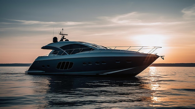 Un yacht avec le soleil couchant derrière lui