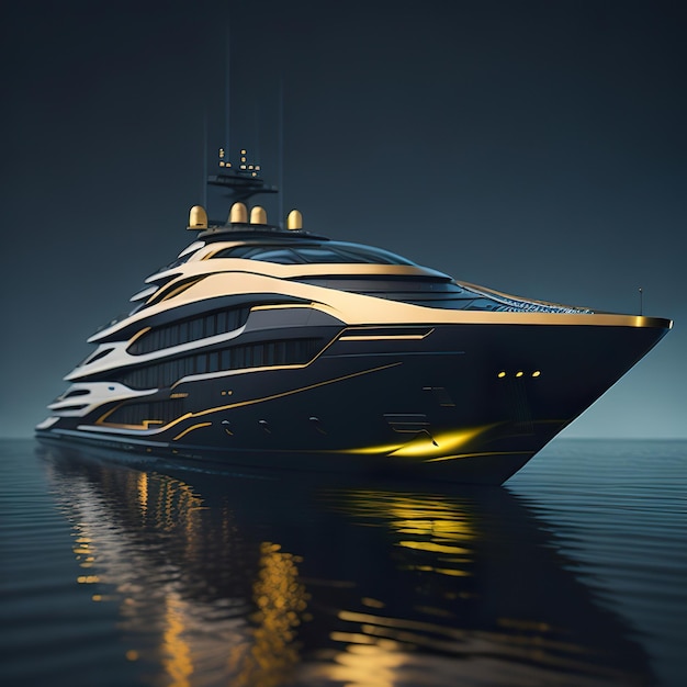 Photo un yacht super doré de luxe avec un design moderne sur l'océan avec le coucher du soleil