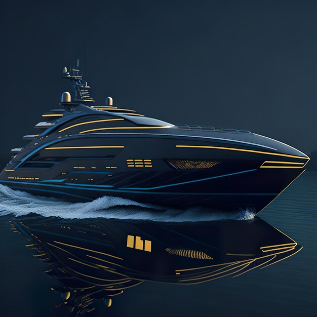Yacht super noir de luxe avec un design moderne sur l'océan avec le coucher du soleil