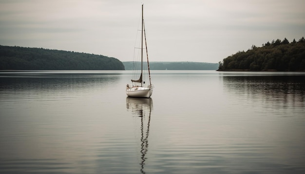 Yacht à voile sur des eaux bleues tranquilles entourées d'une beauté naturelle générée par l'intelligence artificielle