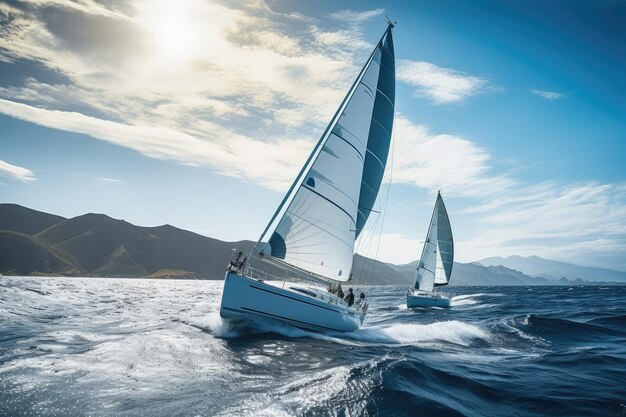 Yachts de luxe en mer Voile Régate Sport de voile dans les vagues de l'océan Vitesse et liberté en mer Illustration générative d'IA