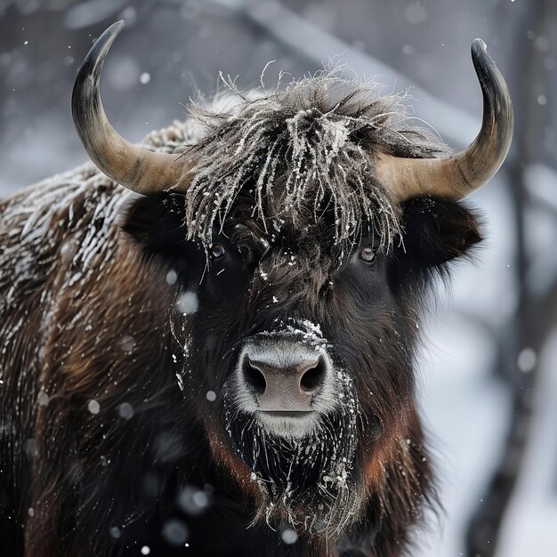 Un yak sauvage Bos muet dans la neige en hiver Ai génératif