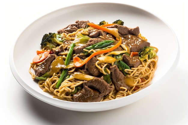 Yakisoba de boeuf sur fond blanc