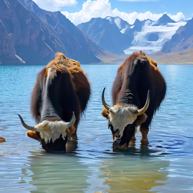 Des yaks alpins boivent de l'eau dans le lac Baisha du réservoir de Bulunkou dans le sud du Xinjiang