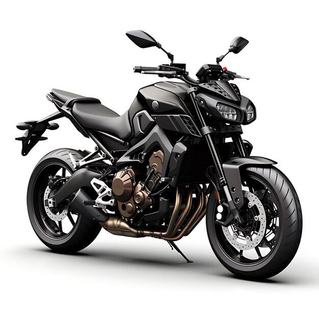 Photo yamaha mt09 un streetfighter polyvalent avec une moto triple cylindre sur fond blanc propre