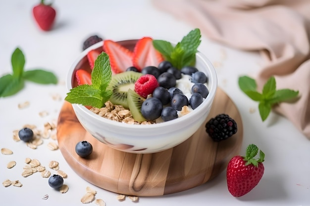 Photo yaourt aux fraises petit-déjeuner sain muesli granola frais avec yaourt et baies