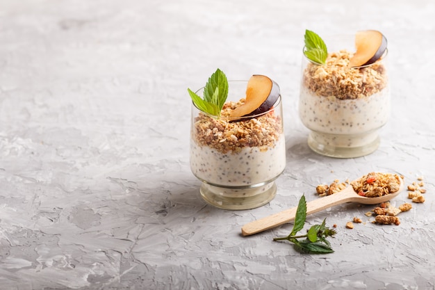 Yaourt aux prunes, graines de chia et granola dans un verre et une cuillère en bois. vue de côté