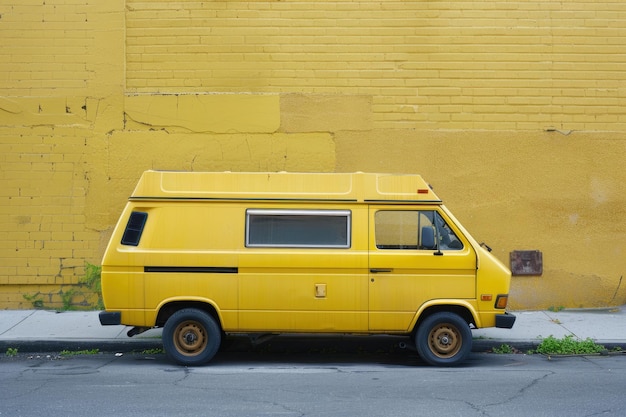 Photo yellow school van empty transport vehicle parked at school