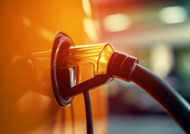 Yellowcar à la station-service étant rempli de couleur néon de carburant