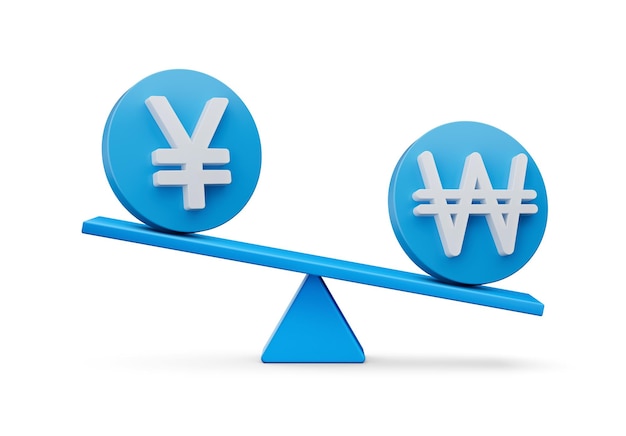 Yen blanc 3d et symbole gagné sur des icônes bleues arrondies avec illustration 3d de balançoire de poids d'équilibre 3d