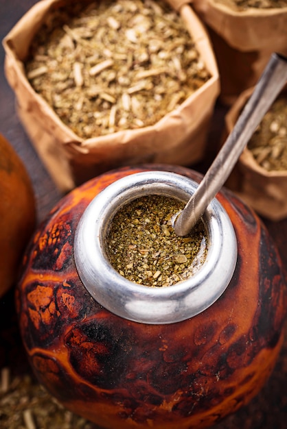 Yerba mate tea with calabash et bombilla.