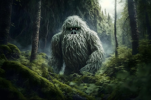 Yeti ou abominable bonhomme de neige se promène dans la forêt d'hiver art généré par le réseau de neurones