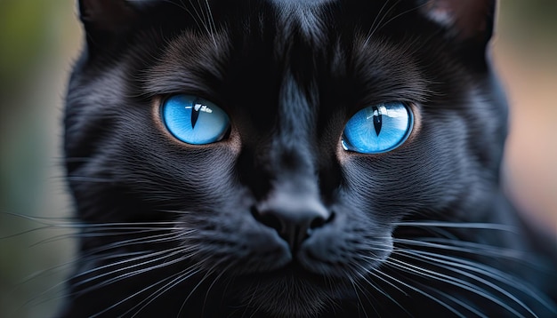 Les yeux bleus frappants d'un chat noir en gros plan