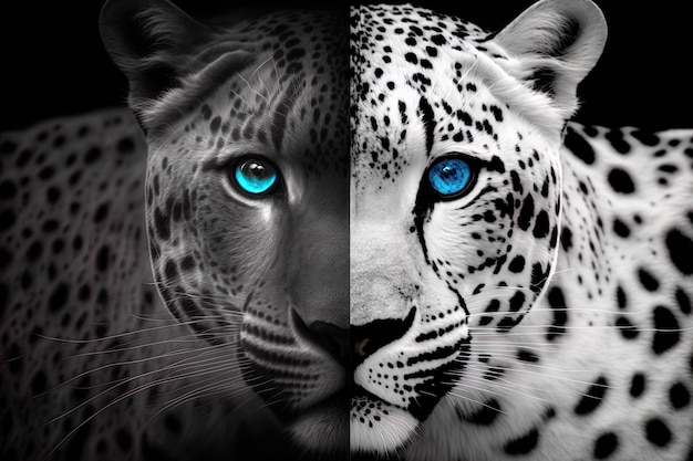 Des yeux bleus et un jaguar noir et blanc