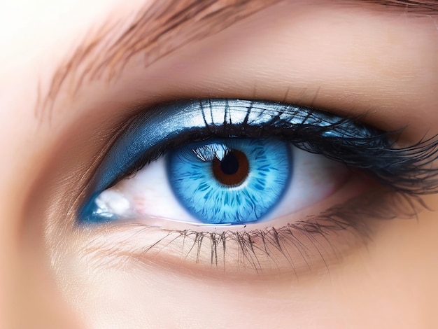 Les yeux bleus regardent de près les beaux yeux d'une femme