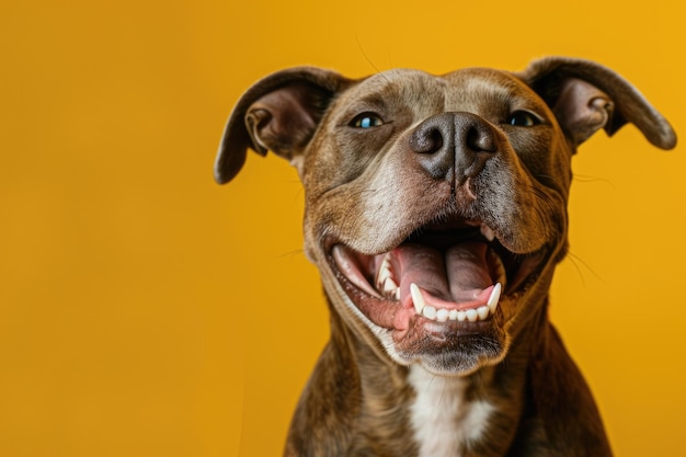 Des yeux de chien de compagnie joyeux clignotant de joie et un large sourire sur un fond jaune radiant