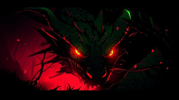 les yeux du dragon vert brûlent de feu