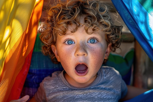 Les yeux d'un enfant élargis par la crainte captivés par une vue merveilleuse avec la bouche ouverte dans un étonnement joyeux