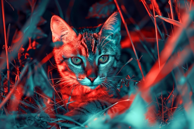 Des yeux de félins mystérieux regardant à travers l'herbe rouge et cyan vibrant la nature hypnotique la faune