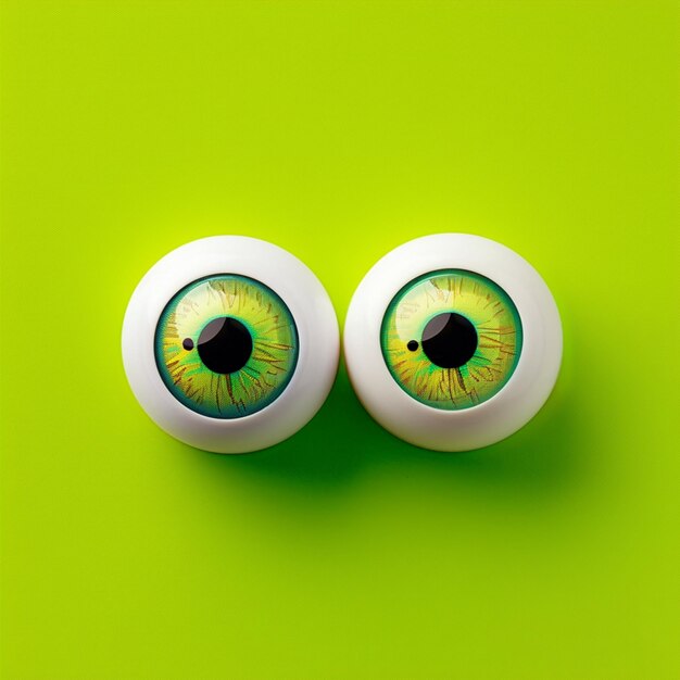 Des yeux fous sur un fond vert néon. Des jouets drôles. Des yeux rapprochés.