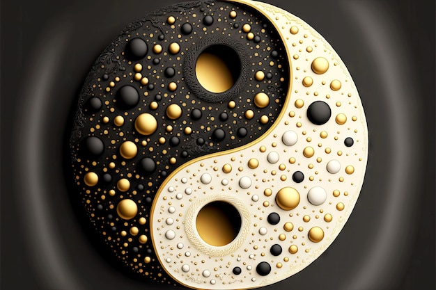 Photo yinyang de gouttes de creamcoal avec arnament et points de couleur or et noir