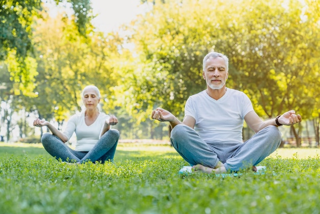 Photo yoga au parc senior couple sitting in lotus pose sur l'herbe verte dans le calme et la méditation