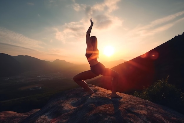 Yoga au sommet de la montagne au coucher du soleil silhouette de femme sur fond de ciel AI générative