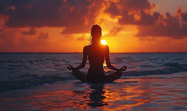 Le yoga du coucher de soleil sur la plage paisible