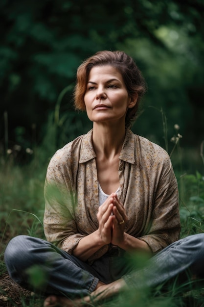 Yoga féminin et méditation avec la position du lotus dans la nature pour l'entraînement de l'esprit de bien-être ou le calme