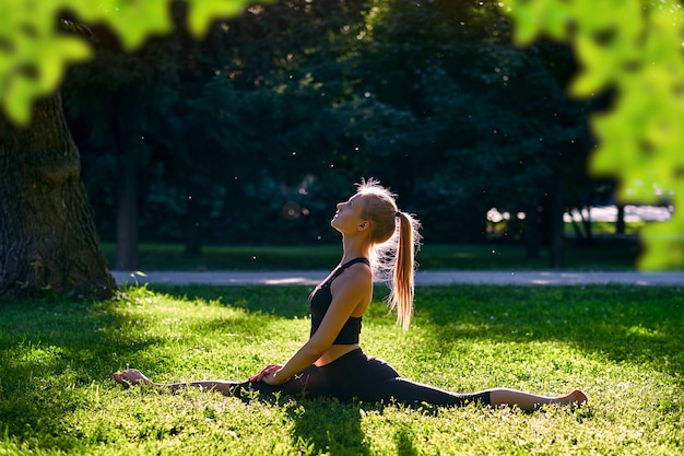 Yoga. Jeune femme pratiquant le yoga ou la danse ou l'étirement dans la nature au parc. Concept de mode de vie santé