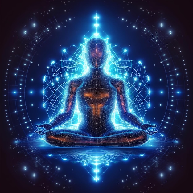 Yoga lotus pose lignes de connexion neurale bleue et points lumineux binaires