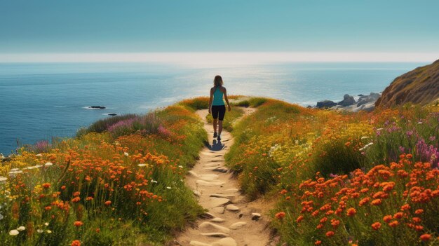 Photo yoga à midi sur le sentier côtier avec des fleurs sauvages vibrantes