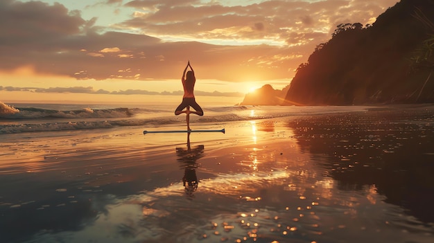 Yoga sur la plage au coucher du soleil Une jeune femme debout sur une planche à pagaie dans l'océan faisant des postures de yoga